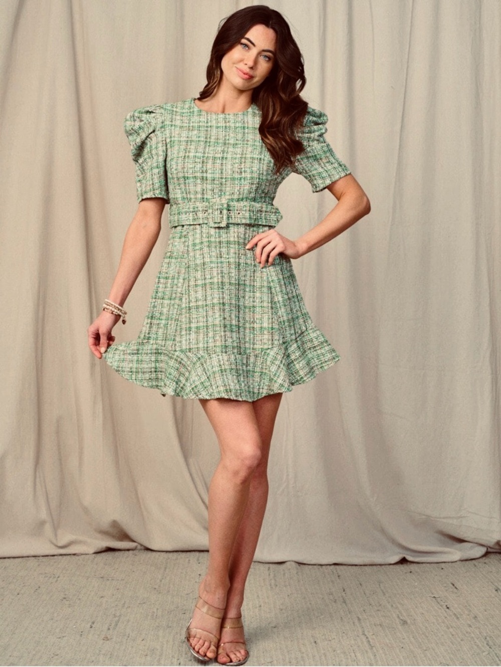 MARION Green Tweed Belted Puff-Sleeve Mini Dress- Size: L